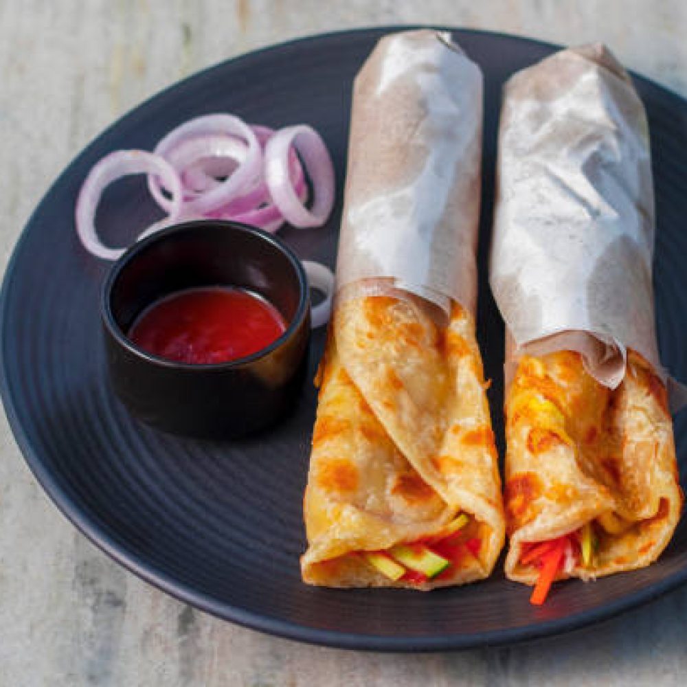 delicious Indian street food "egg rolls" is ready to eat.